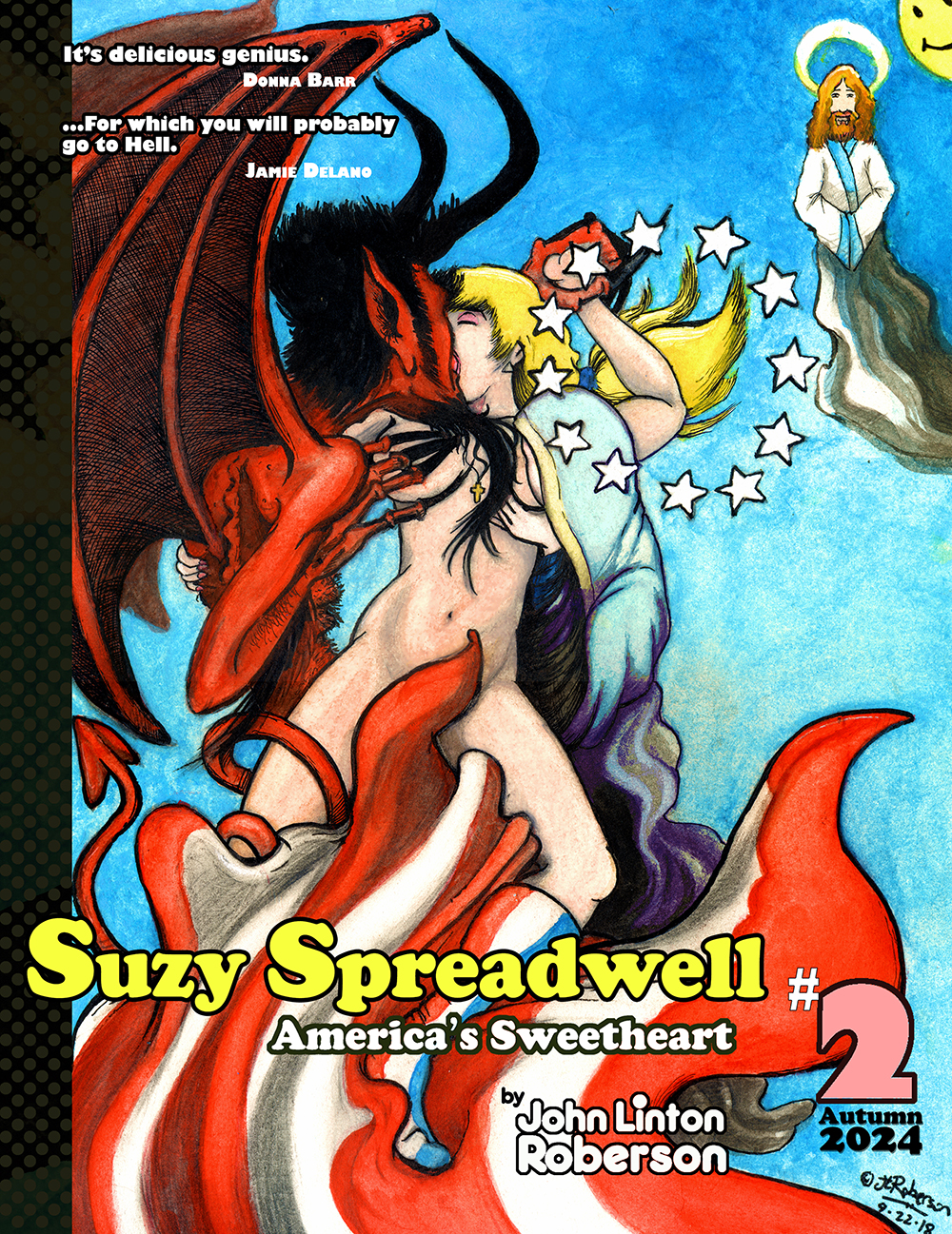 The second issue of SUZY SPREADWELL with a cover image of the painting PENTATHEOS, depicting Suzy having sex with five American gods